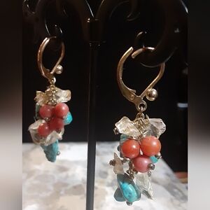 Artisan Created TURQUISE, CORAL & ROCK QUARTZ CRYSTAL Dangle Earrings GT